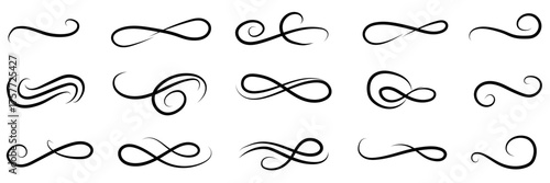 Collection of elegant black hand drawn decorative flourishes and ornamental swirls on a white background