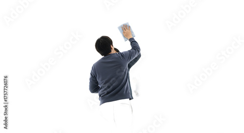 Person meticulously cleaning a wall or surface with a cloth, captured from behind on a plain white background