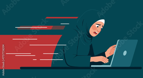 A Muslim woman experiences intense digital pressure and online stress while working on her laptop, indicated by fast-moving lines.