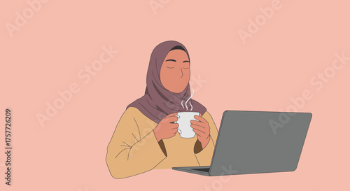 A serene Muslim woman in a hijab enjoys a warm beverage while working or studying on her laptop, embodying modern productivity and comfort.
