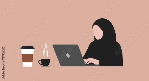 An illustration of a professional woman wearing a hijab, concentrating on her laptop while enjoying a hot drink, embodying remote work.