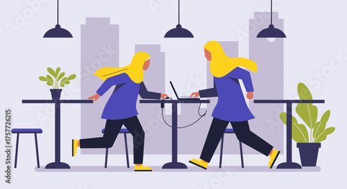 Two busy Muslim women in hijabs work on laptops in a modern cafe, illustrating concepts of productivity, deadlines, and a vibrant career environment.