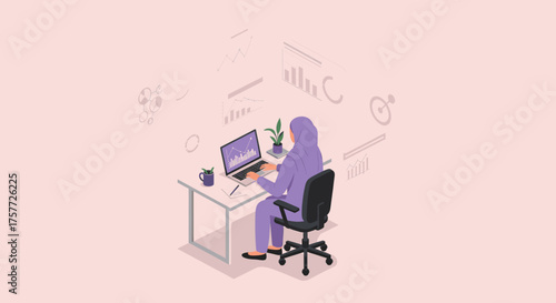 A focused woman in a hijab works diligently on her laptop at a modern desk, with subtle data visualizations, illustrating digital business, analytics, and career.