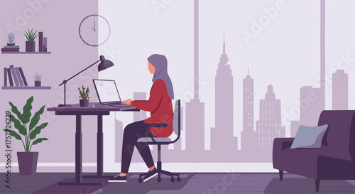 A focused woman in a hijab is productively engaged with her laptop at a contemporary workspace, overlooking a vibrant city landscape.