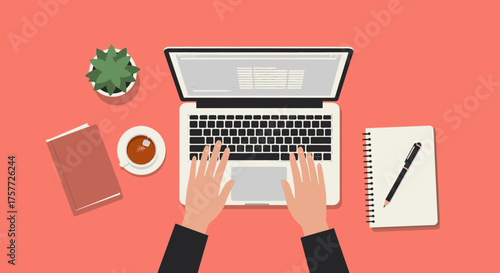 A top-down view features hands typing on a laptop, accompanied by a coffee cup, book, and notebook, representing a focused and efficient workspace setup.