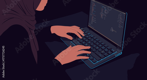 A focused individual, wearing a head covering, diligently types on a glowing laptop keyboard in a dimly lit setting, engaged in deep programming or data analysis.