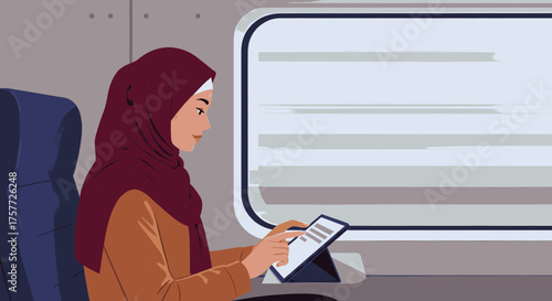 A serene Muslim woman in a maroon hijab diligently uses her digital tablet while comfortably traveling by train, staying connected on her journey.