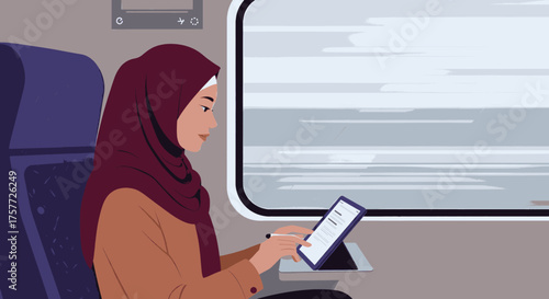 A focused young Muslim woman in a burgundy hijab works diligently on her digital tablet with a stylus, comfortably traveling by train and embodying modern productivity.
