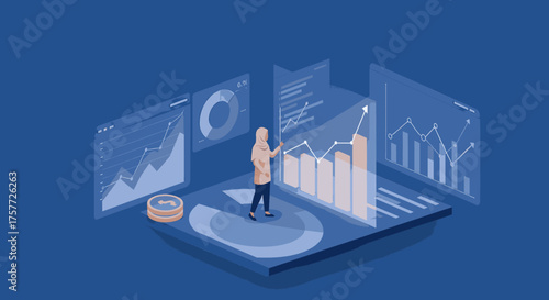 An individual meticulously analyzes complex business data and financial metrics on interactive digital dashboards, visualizing growth for strategic decision-making.
