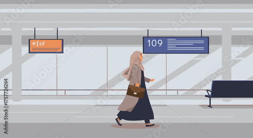 A confident Muslim woman in a hijab and long dress walks purposefully through a modern public transport station, reflecting urban daily life and travel.