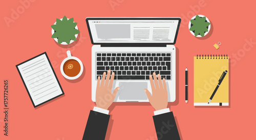 From an overhead perspective, hands are busily typing on a sleek laptop, surrounded by various office essentials on a vibrant desk surface.
