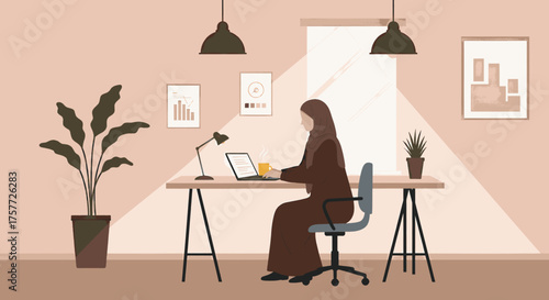 A Muslim woman works diligently on her laptop in a cozy home office, embodying modern remote productivity and focused professional life.