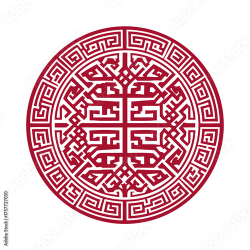 Red traditional Chinese auspicious symbol, intricate circular geometric pattern, decorative cultural ornament, good luck medallion for prosperity.