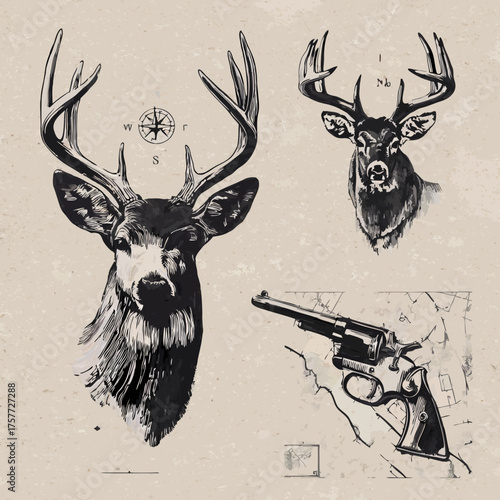 Vintage Hand-Drawn Deer Head Illustrations with Antlers, Rustic Revolver, and Compass Rose. Hunting & Wilderness Theme.