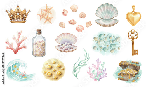 Watercolor Mermaid Set Crown Shells Treasure Key