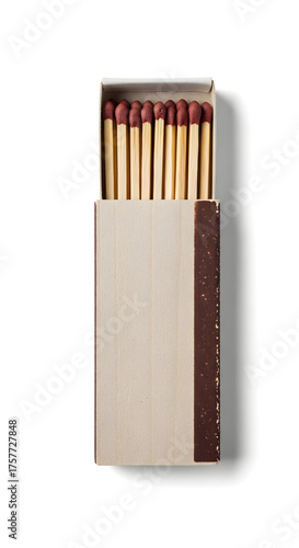 Overhead shot of a box of wooden matches with red tips, partially open.
