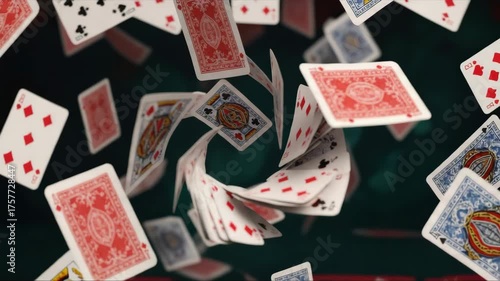 Dynamic cascade of playing cards in motion creating a captivating visual symphony. 4k Video footage