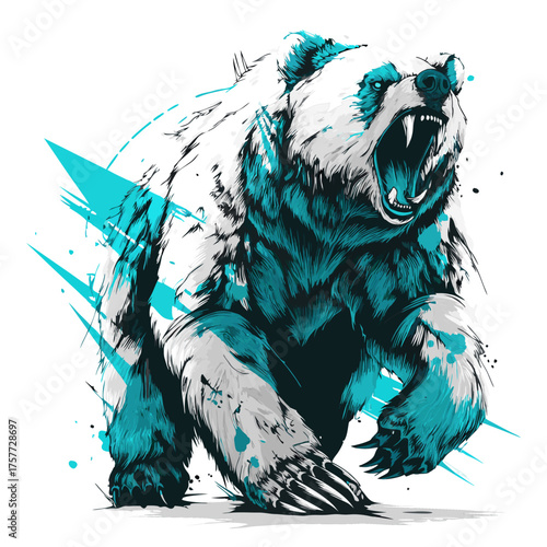 Dynamic roaring bear graphic illustration with powerful stride and open mouth in a vibrant teal, white, and black grunge art style.