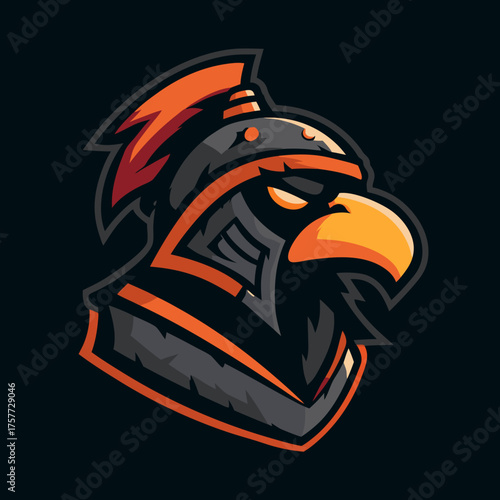 Powerful eagle head mascot logo with a Spartan-style helmet. Fierce bird of prey illustration for gaming, esports team, or brand identity.