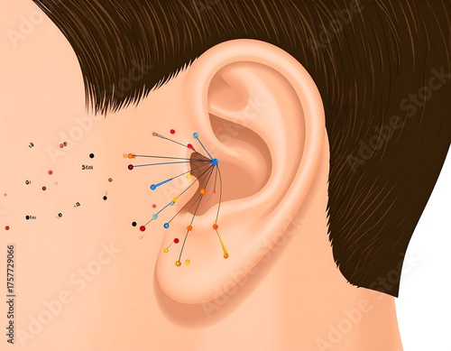 An illustration of ear, highlighting acupuncture or acupressure points
