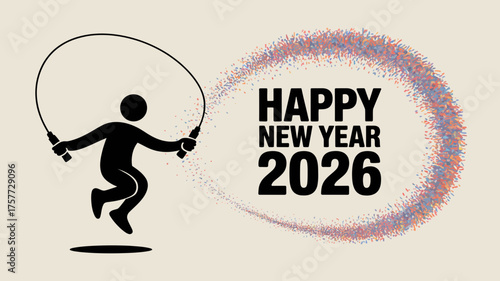 Happy new year 2026 silhouette person jumping rope with confetti swirl