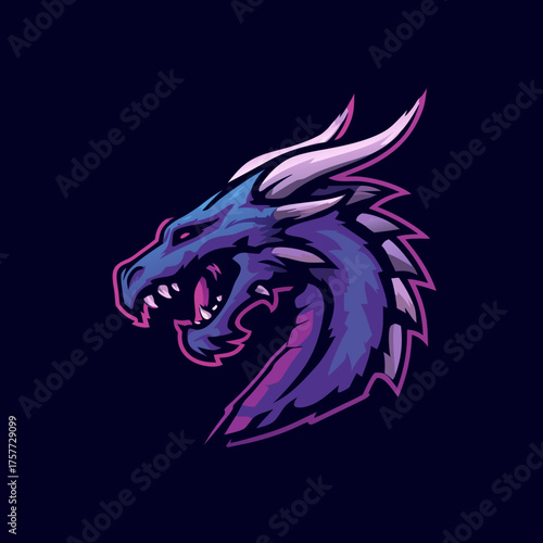 Fierce Purple and Blue Dragon Head Mascot Logo Illustration for Gaming and Esport Teams
