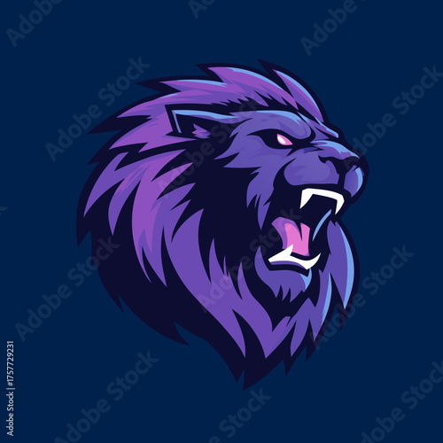 Fierce purple lion head roaring illustration, powerful predatory animal mascot design, aggressive wild cat graphic, esports logo concept on dark background.