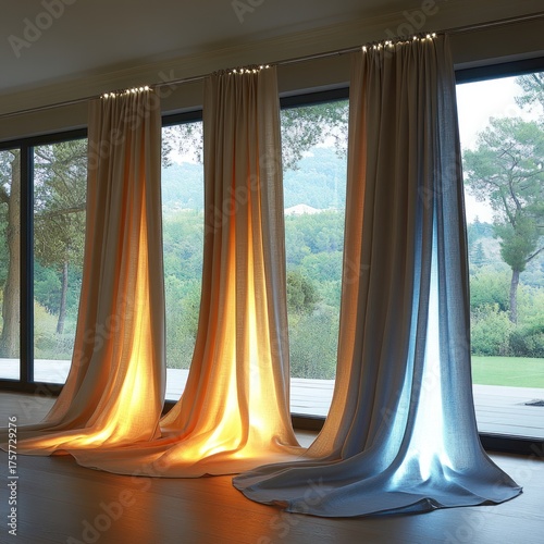 Soft drapes catch sunlight in a peaceful space, highlighting the beauty of nature outside