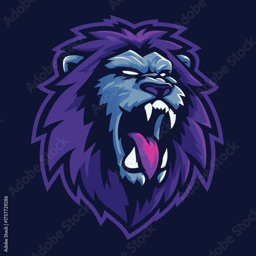 Aggressive roaring lion head mascot logo in vibrant purple and blue colors, fierce wild animal icon design for esports and gaming.
