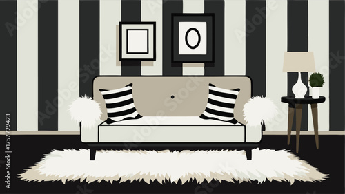 A cozy sitting area with a black and white striped couch a white faux fur rug and black and white framed artworks on the walls.