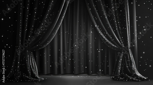 A captivating scene of black curtains sparkling with stars, hinting at an upcoming show