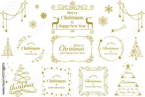 キラキラかわいい、クリスマスフレームのセット (  ビンテージ　冬　雪の結晶　見出し　タイトル　チラシ　セール　背景 )