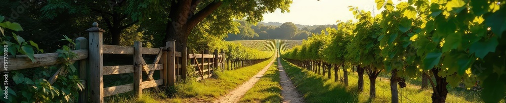 Obraz premium A rustic wooden gate leading away from a lush vineyard, sunlight dappling through the leaves The path winds gently into the distance, promising adventure beyond the vines , harvest, vineyard rows