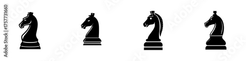 Various designs of black chess pieces displayed in a row on a plain background for artistic illustration