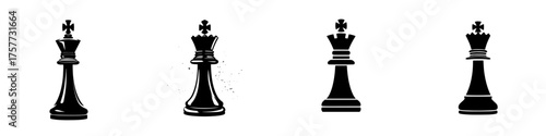 Black chess king pieces in various styles arranged in a row showcasing design variations and artistic interpretation