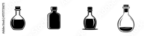 Different types of glass bottles containing dark liquids displayed on a light background