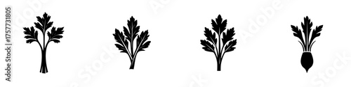 Collection of black silhouette illustrations featuring various vegetables including celery and radishes on a white background
