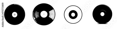 Various designs of vinyl records showcased in black and white against a minimalistic background