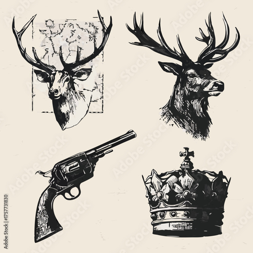 Vintage Engraving Style Illustrations Set with Deer Heads, Antique Revolver Pistol and Royal Crown Elements