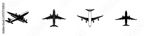 Silhouettes of various airplanes displayed from different angles, showcasing their unique designs and features in a simple layout