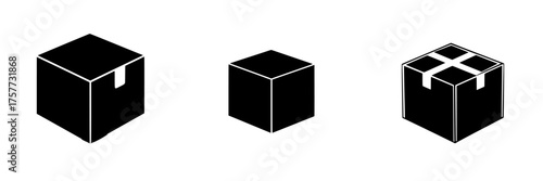 Black geometric shapes representing different styles of boxes in simple design against white background