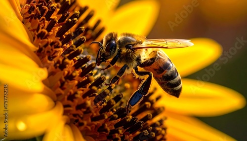 Wallpaper Mural A honeybee diligently collects pollen on a vibrant yellow sunflower Torontodigital.ca