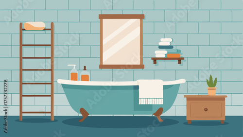 A farmhousestyle bathroom with a clawfoot tub subway tile and a wooden ladder shelf for towels