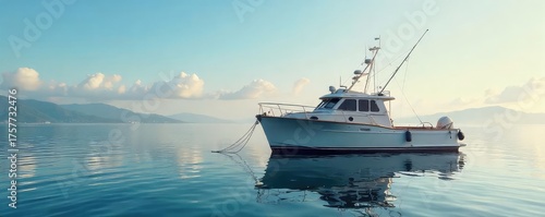 A sturdy anchorage boat bobs gently on calm waters, its hull reflecting the tranquil sky Ready for mooring and providing secure shelter for smaller vessels , river, wildlife