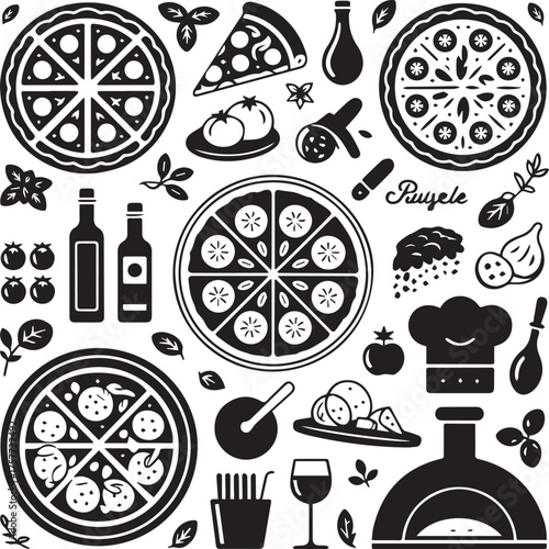 Pizza Making Vector Illustration: Essential Ingredients, Tools, and Oven Icon Set for Italian Restaurant Menu.