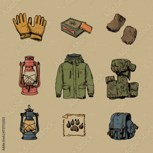 Vintage Style Hand Drawn Outdoor Gear and Camping Equipment Collection on Brown Background