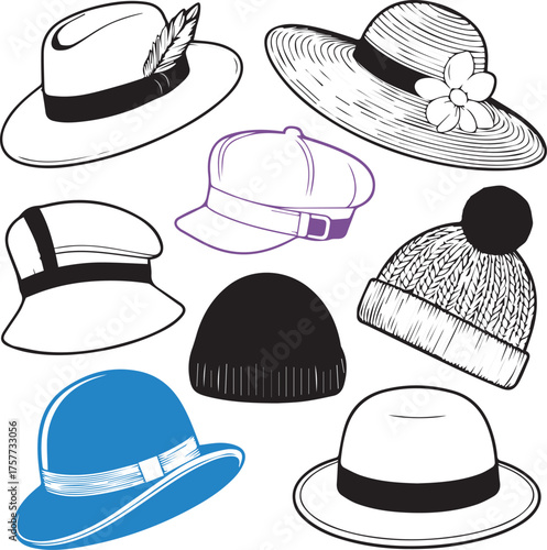 Apparel Vector Graphics: Fedora, Cloche, Bowler, and Beanie Cap Designs