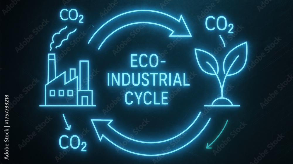 Naklejka premium Eco industrial cycle neon illustration showing plasma technology for CO2 recycling and green steel industry promoting circular manufacturing and sustainable process with plant and factory symbols