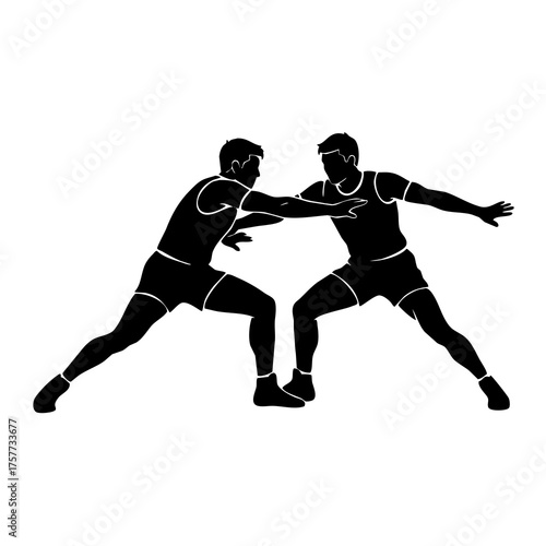 a black silhouette illustration of two kabaddi atheltes tackling