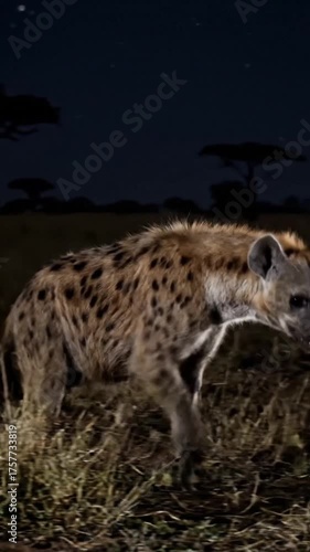 Hyena stands in grassy field at night under starry sky